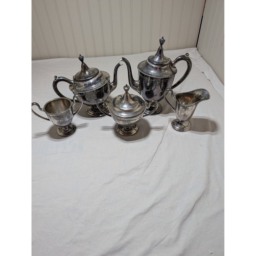 Victor Silver Co Quadruple Plate 5 Piece Tea Coffee Service Set 2611 Monogram A
